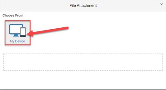 Screenshot of a file attachment window with an arrow pointing to the My Device option.