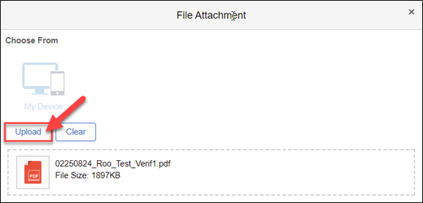 File Attachment dialog with an Upload button highlighted and a selected PDF file shown below.