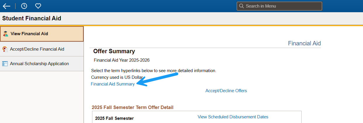 financial aid summary page
