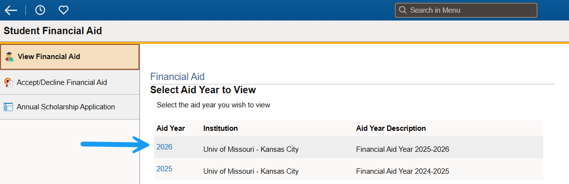 view of aid years to select 