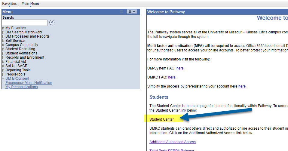 Screenshot of arrow pointing to selecting student center
