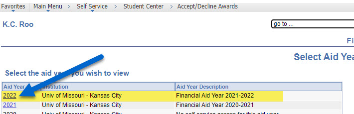Screenshot showing arrow pointing to selecting aid year in Pathway