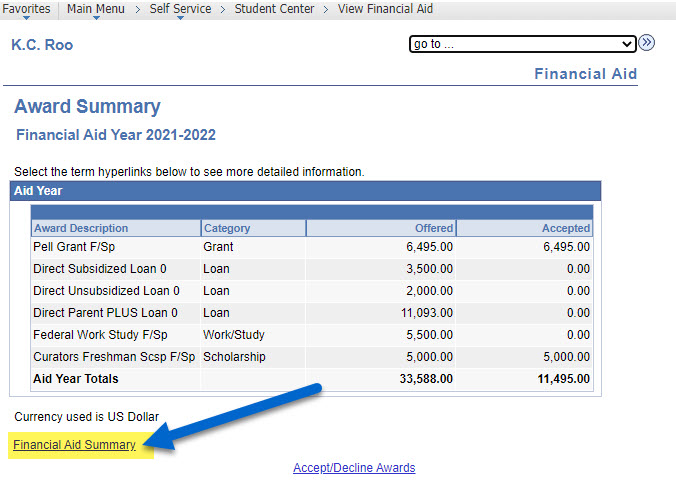 Screenshot of arrow pointing to Financial Aid Summary link in Pathway