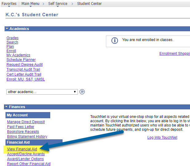 Screenshot of arrow pointing to View Financial Aid in Pathway