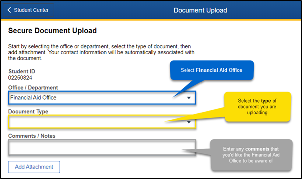 Screenshot of a Secure Document Upload form highlighting the Office/Department, Document Type, and Comments/Notes fields with callout instructions.